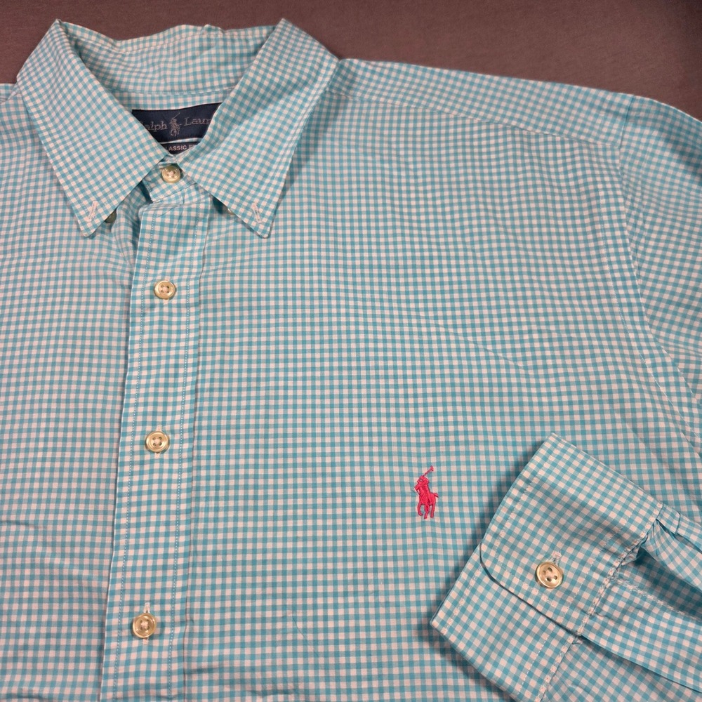 Ralph Lauren Classic Fit Gingham Shirt Mens 2XB Turquoise White Cotton Pink Pony